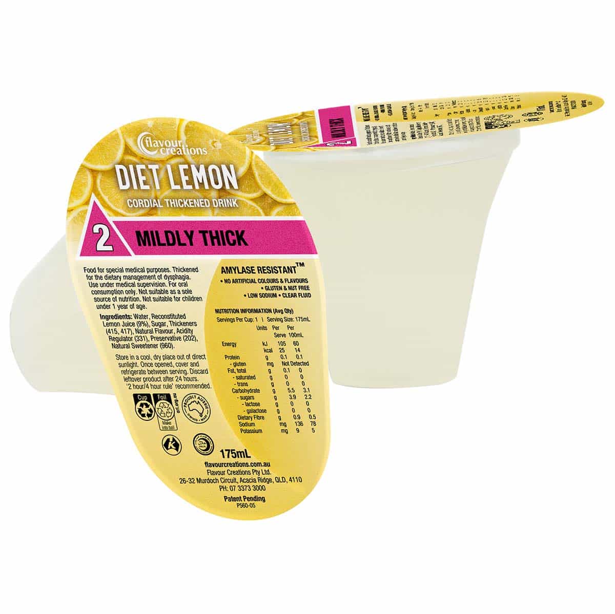 Flavour Creations Ready-To-Drink Diet Lemon Cordial Mildly Thick/Level 2, 175mL Cups | Carton of 12