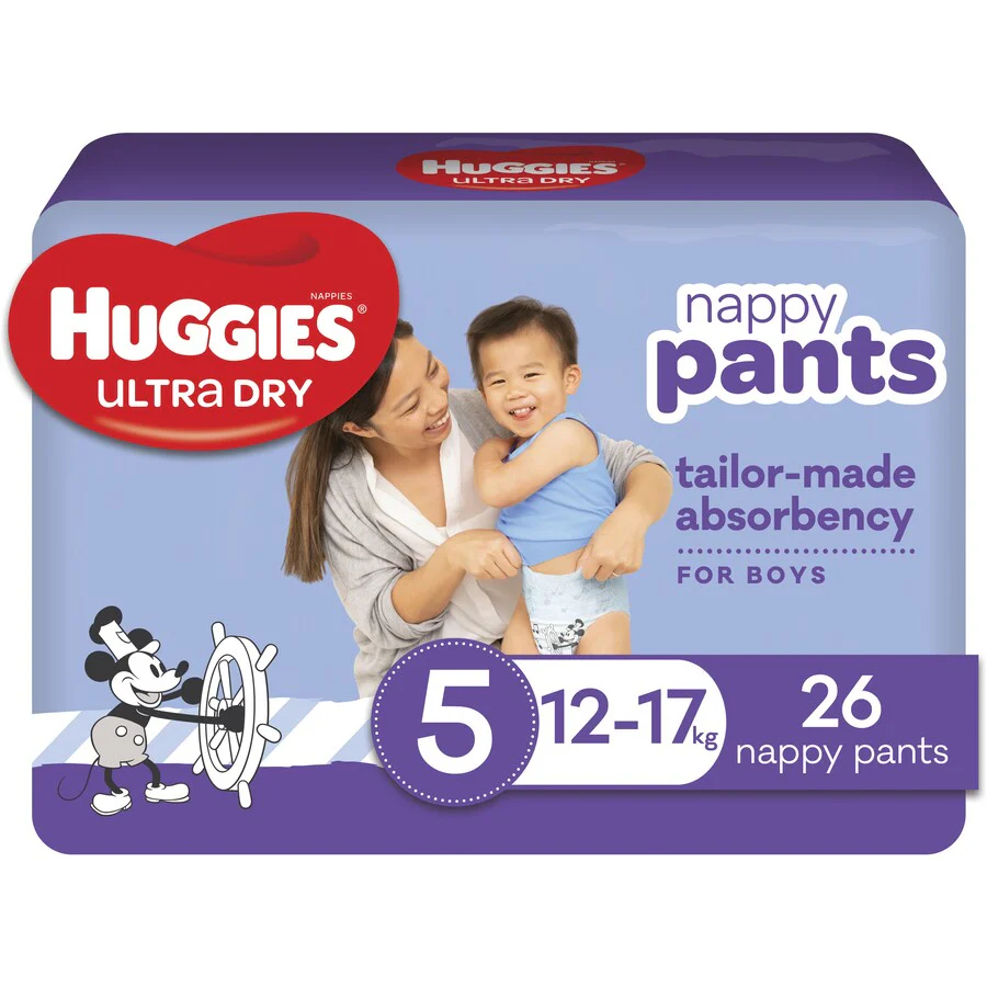 Huggies Ultra Dry Nappy Pants for Boys Size 5 Walker (12-17kg) | Pack of 26