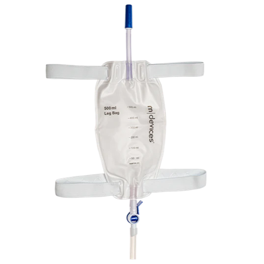 MDevices Leg Bag 500mL Lever Tap Non-Return Valve 10cm Short Tube with Silicone Lined Straps and Fabric Fastener | Carton of 80