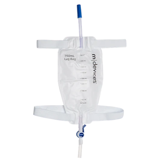 MDevices Leg Bag 750mL Lever Tap with Non-Return Valve 10cm Tube with Silicone Lined Straps and Fabric Fastener | Carton of 80