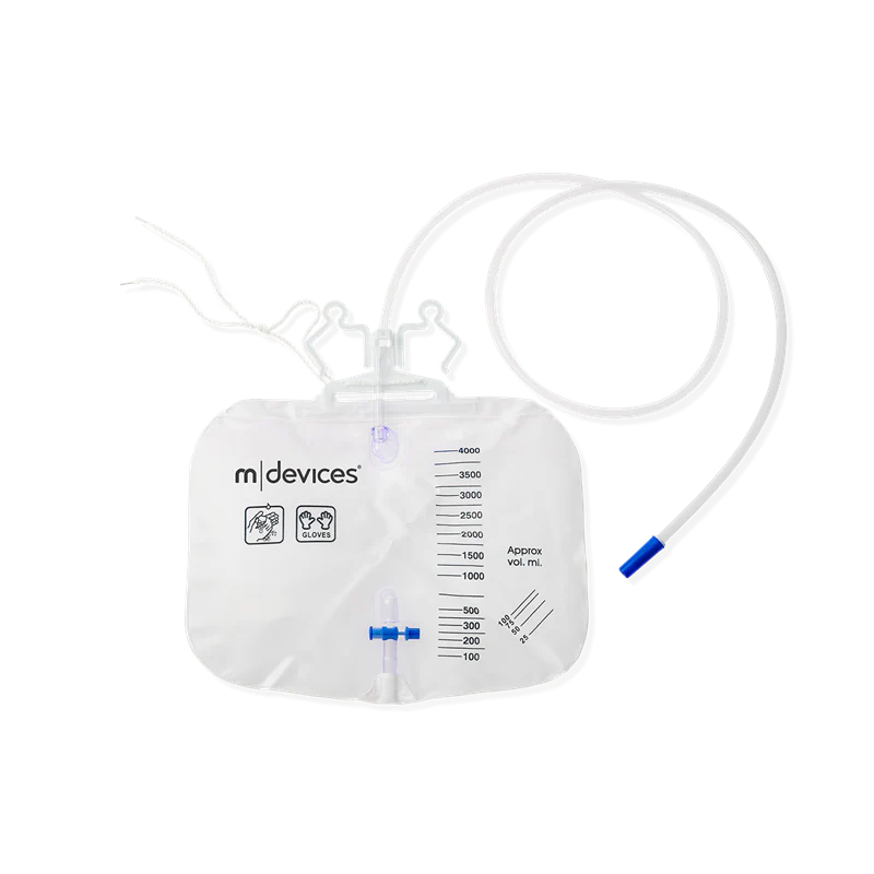 MDevices Urine Bag 4000mL T-Tap NRV Integrated Hanger & Rope 150cm Tubing | Carton of 40